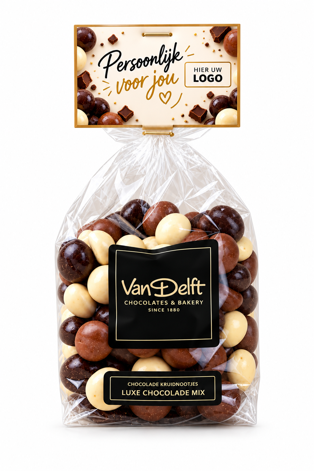 Geschenkzakje met 225 gram LUXE chocolade pepernoten - inclusief gepersonaliseerd kaartje 